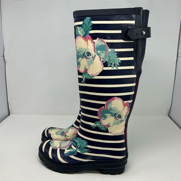 Joules Navy Blue Watercolor Floral Stripe Rain Boots Size 8 **small flaw** - Picture 5 of 16